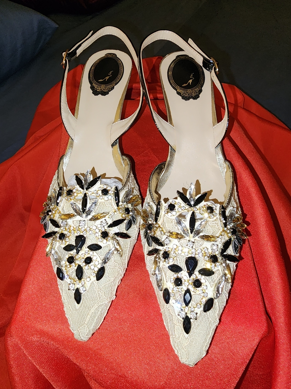 Vero Cuoio Ivory Lace Slingback Flats with Black and Gold Jewels